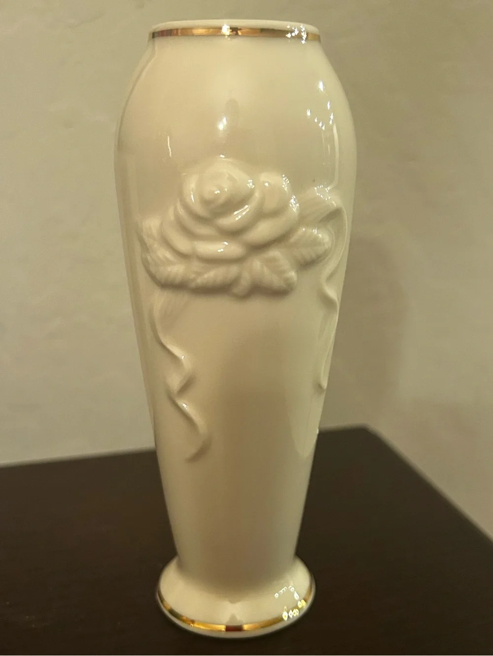 Lenox White Ceramic Bud Vase with Gold Trim and Rose Relief